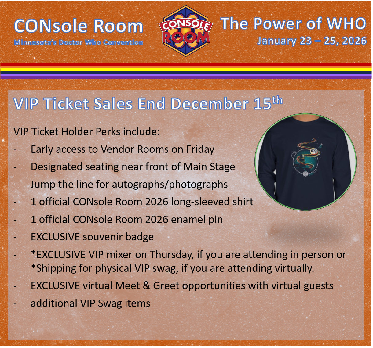 Image lists VIP perks and has a picture of the shirt design.